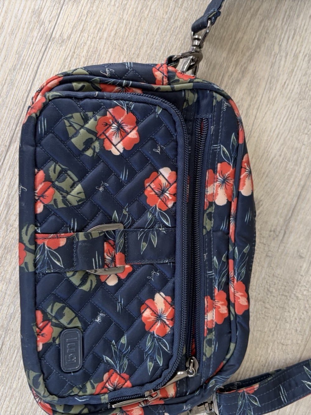 Lug Carousel Crossbody Bag Floral Navy Fabric Adjustable Strap Zip Pocket
